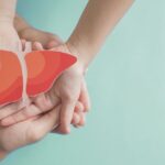 Child and adult hands holding a liver illustration on a light green background.