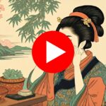 Woman in traditional Japanese attire near cherry blossoms and mountains.