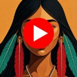 Portrait of a woman with colorful feather earrings against an orange background.
